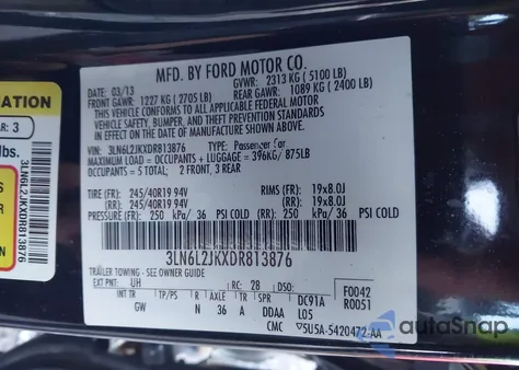 2013 Lincoln Mkz из США, поврежденный, VIN 3LN6L2JKXDR813876